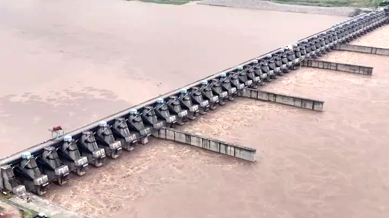 River Godavari Flood Water Flows Through the Polavaram Spillway