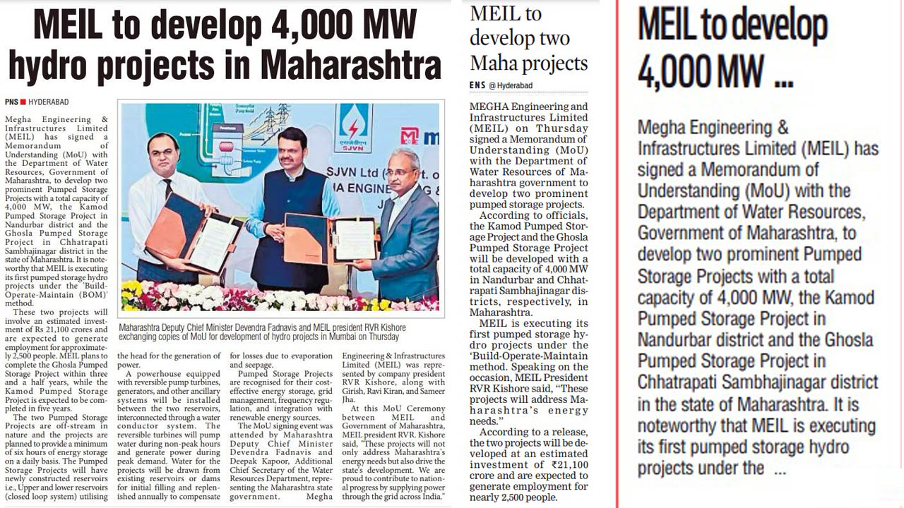 MEIL Signs MoU with Maharashtra Government for Development of 4000 MW Pumped Storage Hydro Projects