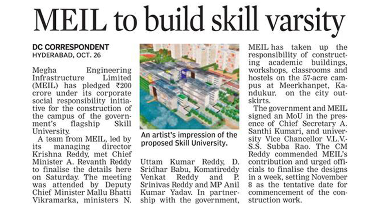 MEIL Foundation to Contribute ₹200 Crore for Young India Skills University in Telangana 