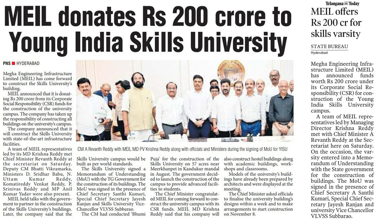 MEIL Foundation to Contribute ₹200 Crore for Young India Skills University in Telangana 