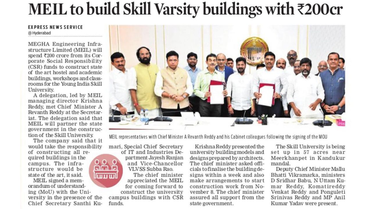 MEIL Foundation to Contribute ₹200 Crore for Young India Skills University in Telangana 