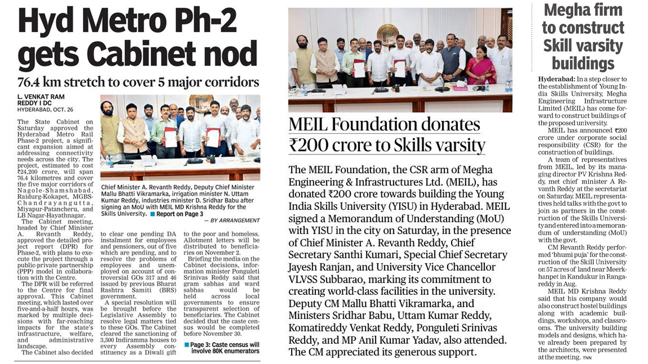 MEIL Foundation to Contribute ₹200 Crore for Young India Skills University in Telangana 