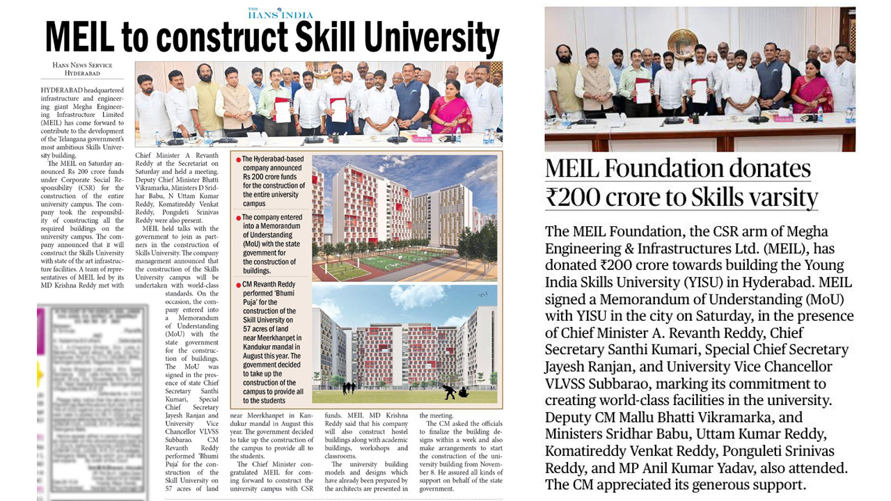 MEIL Foundation to Contribute ₹200 Crore for Young India Skills University in Telangana 